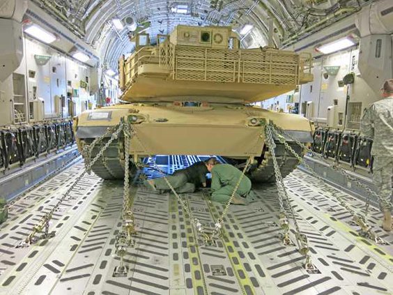 Abrams tank being secured inside C-17