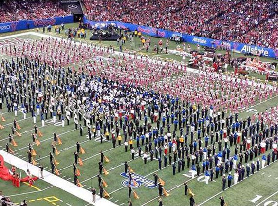 1 Blue Tide band performs at half with several other high schools and OU Sooner band in front