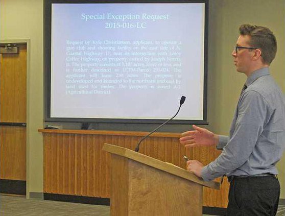 Jeremy McAbee presents to commissioners the request to develop a private gun club and shoot facility near Highway 17